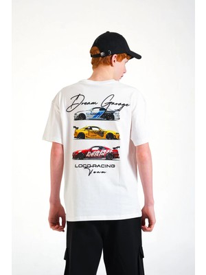 Queen Kids 8233 Süprem Araba Baskılı T-Shırt  Beyaz