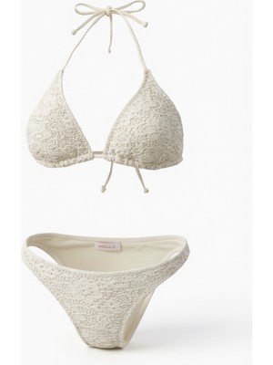 Aquella Güpür Dantel Ekru Üçgen Bikini Takım