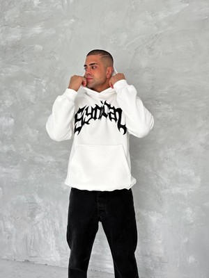 Çamaşır Kenti Üç Iplik Kapüşonlu Baskılı Sweatshirt - Beyaz Midas Wear