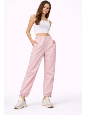 Çamaşır Kenti Kadın Paraşüt Kumaş Pantolon Bel ve Paça Ayarlanabilir Lastikli Spor Pantolon - Toz Pembe Midas
