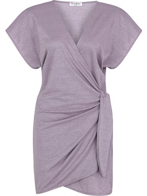 Aquella Yandan Bağlamalı Simli Lila Kruvaze Kısa Elbise