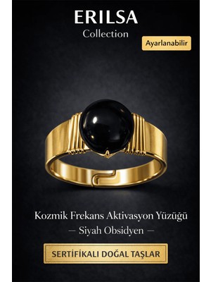 Tesbih Atölyesi Erilsa Sertifikalı Siyah Obsidyen Doğal Taş Yüzük – Kozmik Frekans Aktivasyon Ayarlanabilir