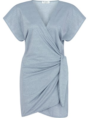 Aquella Yandan Bağlamalı Simli Bebe Mavisi Kruvaze Kısa Elbise