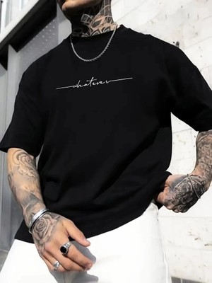 Çamaşır Kenti Büyük Beden   "whatever" Baskılı Tişört, Oversize- Siyah Midas Wear
