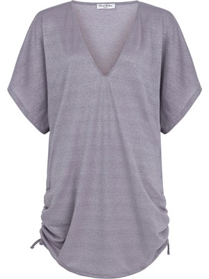 Aquella Yanı Büzgülü Simli V Yaka Lila Tunik