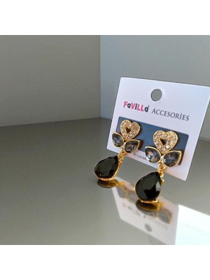 C&On Design 🖤 Siyah Kristal Görünümlü Su Damlası Model 2’li Küpe – Zarif ve Işıltılı Tasarım