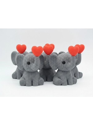 Örgü Görünümlü Kalpli Fil Figürü - Gri Dekoratif Biblo ve Şans Hediyesi (10 Adet)