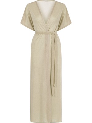 Aquella Yandan Bağlamalı Simli Gold Kruvaze Uzun Elbise