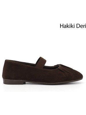 Gönderi® Kadın Kahve Süet Mary Jane Hakiki Deri Babet