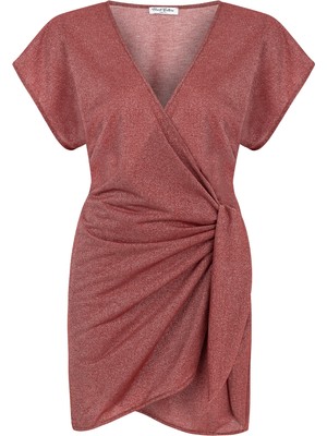 Aquella Yandan Bağlamalı Simli Bordo Kruvaze Kısa Elbise