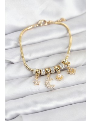 Pirinç Gold Renk Ay Charm Model Charmlı Kadın Bileklik Midastech