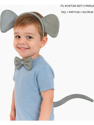 Fil Kostümü Aksesuar Seti 3 Lü - Taç Papyon Kuyruk (4887) Midastech