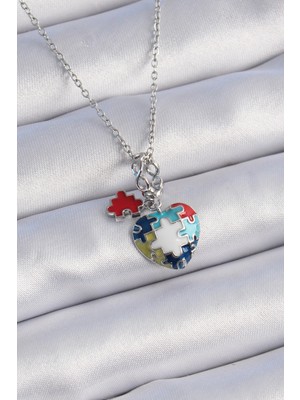 316L Çelik Gümüş Renk Yapboz Motif Kalp Figür Charm Model Kadın Kolye Midastech