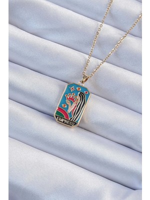 316L Çelik Zincir Altın Renk Taç ve Kız Figürlü Renkli Mineli Tarot Kolye Midastech