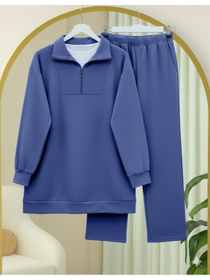 Modamorfo Yarım Fermuarlı Boğazlı Penye Takım -Indigo