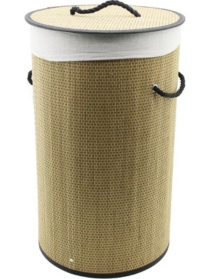 MidasTech Yuvarlak Hasır - Ahşap Kirli Çamaşır Sepeti 37X60CM Seyyar Kapaklı Içi Bezli Ip Kulplu (4