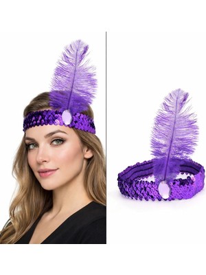 Mor Tüylü Retro Çarliston Saç Bandı - 70-80-90’lar Parti Tacı Nemere