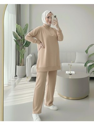 Modamorfo Yarım Fermuarlı Boğazlı Penye Takım -Vizon