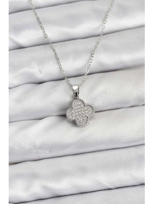 316L Çelik Zincir Gümüş Renk Zirkon Taşlı Yonca Model Kadın Kolye Midastech