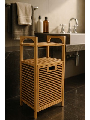 Bambuland Bambu Ahşap Çamaşır Sepeti - 95 cm Raflı ve Bez Torbalı Organizer