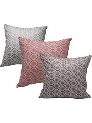 Finezza Melisa Damask Baskılı Duck Kumaş Kahve Kırmızı Gümüş Kırlent 45X45 cm Üçlü 813