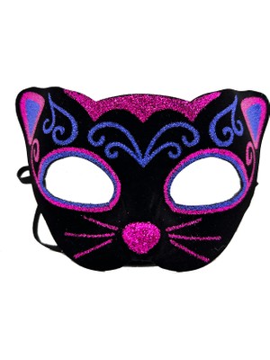 Siyah Kadife Kaplama Üzeri Pembe Mavi Sim Işlemeli Kedi Maskesi 20X13 cm (4887) Midastech