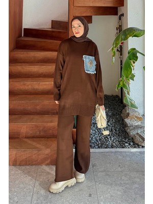 Lamelif Cep Detaylı Triko Takım Acı Kahverengi