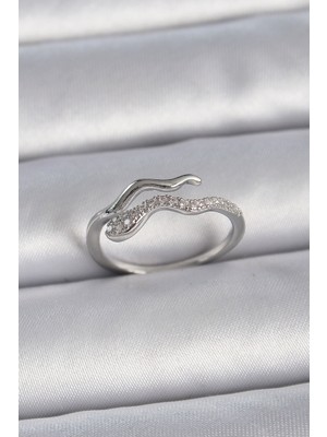 Pirinç Gümüş Renk Zirkon Taşlı Yılan Ayarlanabilir Model Kadın Yüzük Midastech