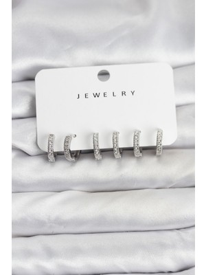 Gümüş Renk Pirinç Zirkon Taşlı Halka Kadın Küpe Seti Midastech