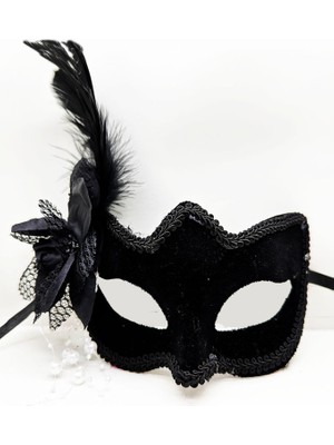 MidasTech Siyah Renk Yandan Tüylü Beyaz Incili Süet Kaplama A Kalite Lüks Parti Maskesi 20X23 cm (4887) M