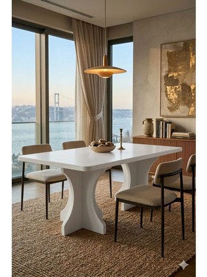 Mobilyacın Dikdörtgen Salon Yemek Masası Kemer Ayak - 36MM Kalın Kenarlı 180X90-BEYAZ