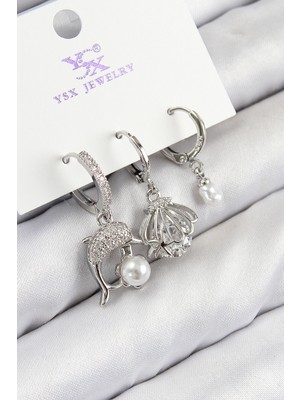 MidasTech Pirinç Zirkon Taşlı 3'lü Yunus Balığı ve Istiridye Model Gümüş Renk Kadın Küpe Midastec