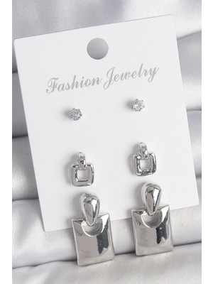 Pirinç Gümüş Renk Zirkon Taş Detay Sallantılı Kare Model 3 Çift Kadın Küpe Seti Midastech