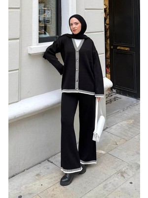 Lamelif Çizgili Triko Takım Siyah