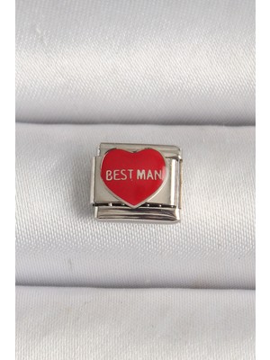 316L Çelik Gümüş Renk 'best Man' Yazılı Kırmızı Kalp Işlemeli Nomination Charm Midastech