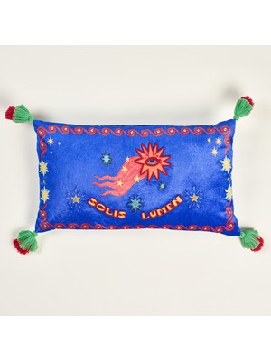 Zsa Zsa Zsu Ghunı Püsküllü Nakışlı Viskon Dolgulu Kırlent 30X55 cm Koyu Mavi