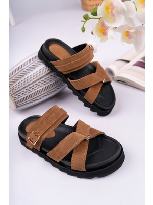 Sy Leather Zoe Model Hakiki Deri Içi Fuspetli Kaymaz Taban Çapraz Bant Tokalı Kadın Terlik
