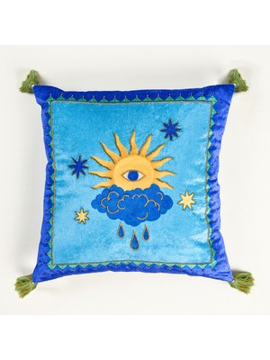 Zsa Zsa Zsu Ghunı Püsküllü Nakışlı Viskon Dolgulu Kırlent 50X50 cm Mavi