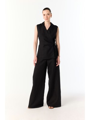 MUDO Wıde Leg Düğme Detaylı Keten Pantolon