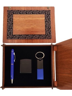 Ahşap Kutulu Mavi Kalem Anahtarlık ve Çakmak Set Midastech