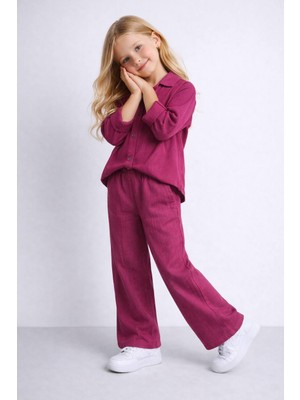 Kız Çocuk Gömlek Pantolon Takım Fuşya Renk Yazlık Rahat Kesim 2'li Takım