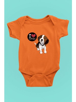 Darkhane Beagle Seviyorum - Köpek Baskılı Unisex Turuncu Bebek Body - Zıbın BB005