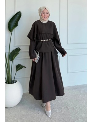 Tesettür Diyarı Polya Tesla Kumaş Pelerin Bluzlu Etekli Tesettür Takım- Acı Kahve
