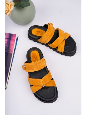 Sy Leather Zoe Model Hakiki Deri Içi Fuspetli Kaymaz Taban Çapraz Bant Tokalı Kadın Terlik