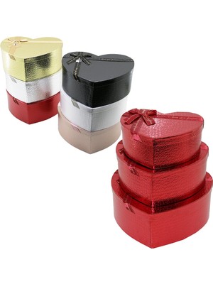 MidasTech 3pcs Kalp Parlak Mix Renkli - Kabartma Desen Karton Hediye Kutusu Kurdelalı 31X28-27X24-23X20CM (