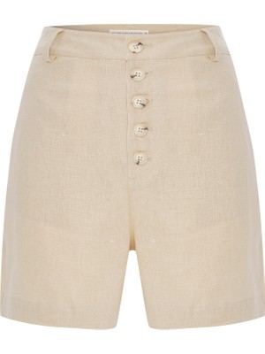 Düğme Detaylı Kısa Keten Şort