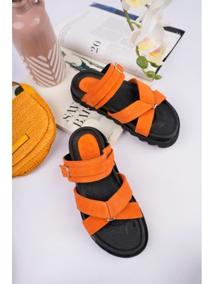 Sy Leather Zoe Model Hakiki Deri Içi Fuspetli Kaymaz Taban Çapraz Bant Tokalı Kadın Terlik