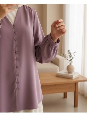 Modamorfo V Yaka Düğmeli Arkası Uzun Gömlek  -Vişne