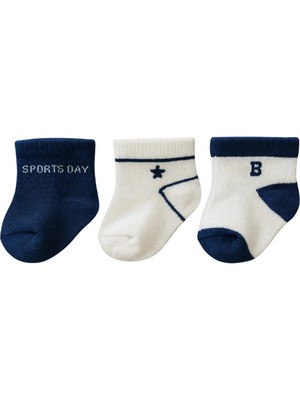 Solde 3'lü Erkek Bebek Çorap Seti – Lacivert & Beyaz Spor Tasarım