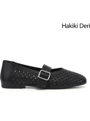 Gönderi® Kadın Siyah Baskılı Mary Jane Hakiki Deri Babet